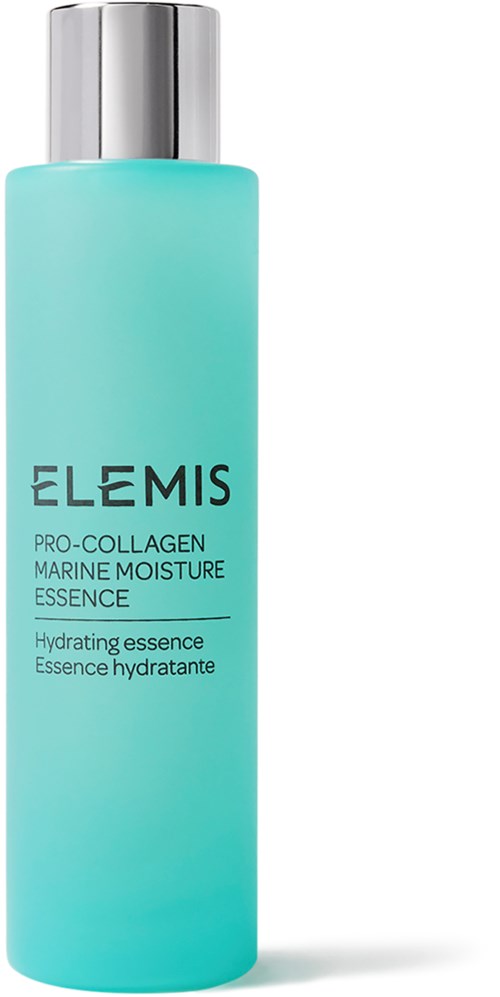 Eine lange, hellblaue Flasche mit silberner Kappe. Es ist ein Hautpflegeprodukt von ELEMIS für Feuchtigkeit und Kollagen.