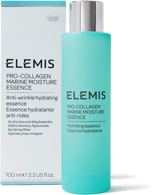 Blaues Flasche und Verpackung für Elemis Pro-Collagen Marine Moisture Essence Hautpflege.