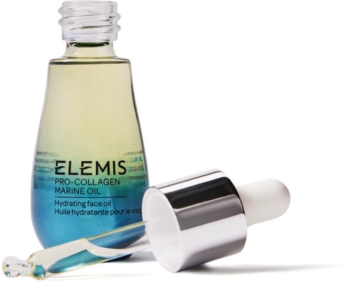 Kleine transparente Flasche mit Meeresöl und Dropper davor, etiketti sagt ELIS PRO-COLLAGEN MARINE OIL.
