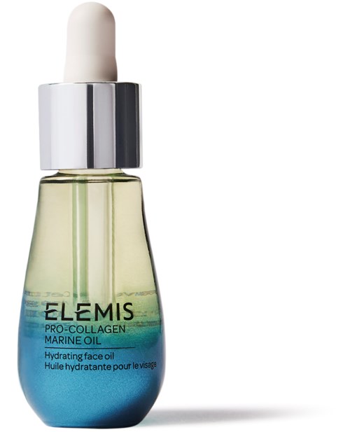 Eine Glasflasche mit gelber und blauer Flüssigkeit und einem weißen Tropferdeckel für Gesichtsol. Das Etikett lautet Elemis Pro-Collagen Marine Oil.