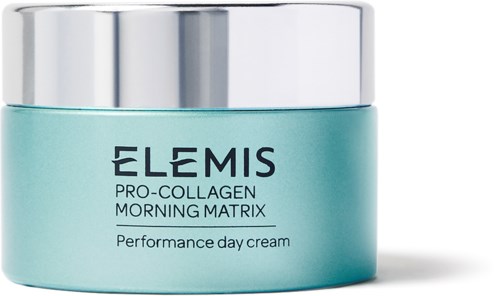 En lyseblå krukke merket Elmis Pro-Collagen Morning Matrix dagkrem med sølvlokk.
