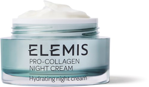 Kleine Dose mit ELEMIS Pro-Collagen Night Cream mit weißer Creme.