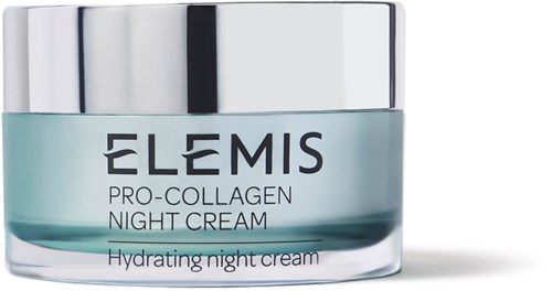 Ein Glas ELEMIS Pro-Collagen Night Cream, eine feuchtigkeitsspendende Hautpflege mit silberner Abdeckung und hellblauer Behälter.
