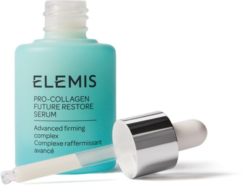 Elemis Pro-Collagen seerumipullo ja tippoja lähellä.