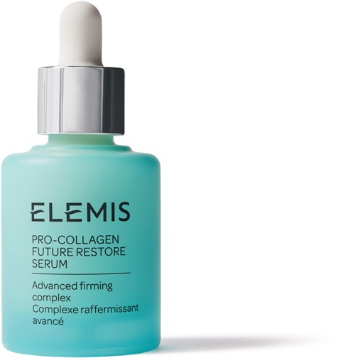 Elemis Pro-Collagen Future Restore Serum -pullo, jossa on valkoinen korkki ja vaaleansinistä nestettä.