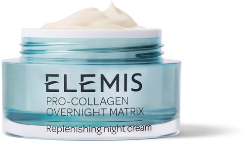Ein Behälter mit Elemis Übernachtungscreme, weiße Creme, blaue und weiße Verpackung.