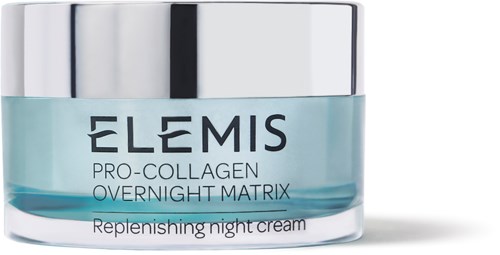 Ein Glas mit Elemis Replenishing Night Cream, silberner Deckel und hellblaue Verpackung.