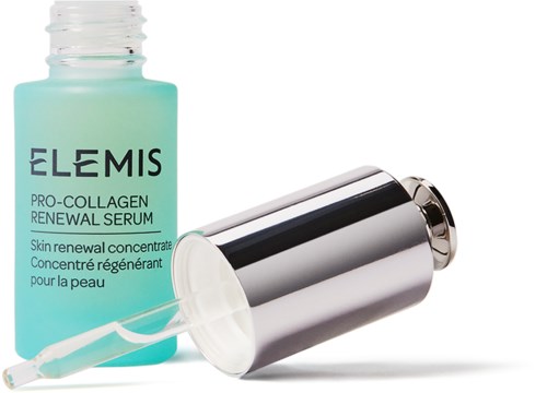 En ljusblå flaska märkt ELEMS PRO-COLLAGEN RENEWAL SERUM med silverlock och pipett.