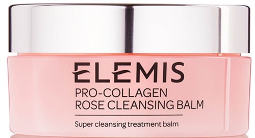 A pink jar with a shiny silver lid, labeled Elemis Pro-Collagen Rose Cleansing Balm for skin cleansing.