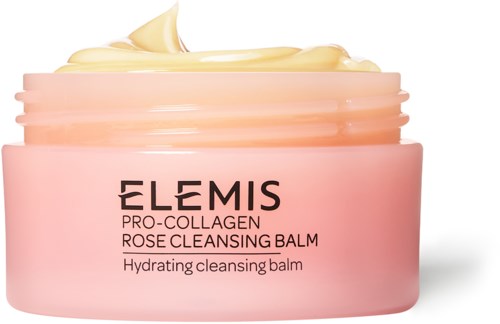 A pink container of Elemis rose cleansing balm with a swirl of balm on top.