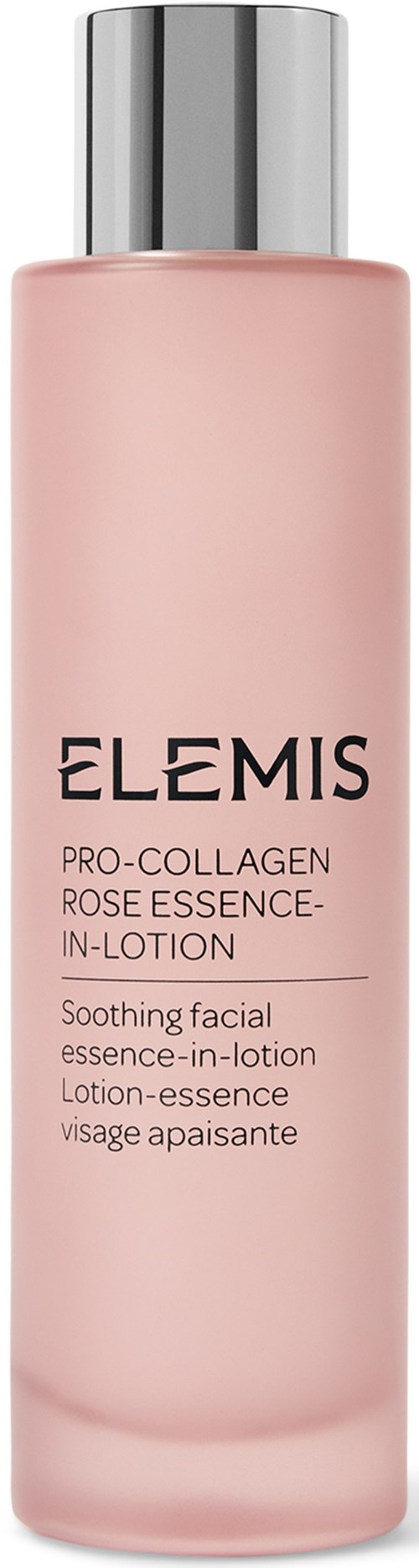 Pinke Lotionflasche mit Silberkappe, gekennzeichnet ELEMIS Pro-Collagen Rose Essence-In-Lotion für beruhigende Haut.