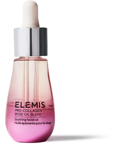Eine pinke und klare Gesichtsolflasche mit weißen Tropfenzähler und silbernem Ring, beschriftet Elemis Pro-Collagen Rose Oil.