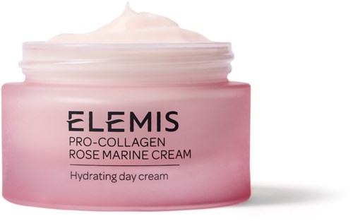 Eine rosa Dose ELEMIS rose marine cream mit Creme oben, als feuchtigkeitsspendende Tagescreme gekennzeichnet.
