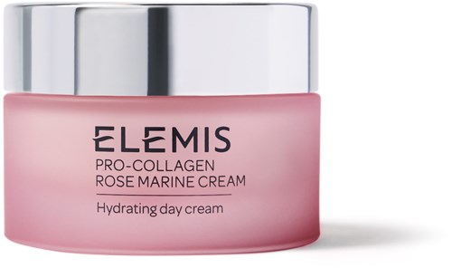 Ein rosa Behälter mit Elemis hydratisierende Tagescreme mit silbernem Deckel und schwarzem Text.