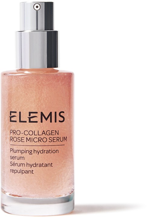 Ein rosa Serum in einer klaren Flasche mit silberner Kappe. Das Etikett liest Elemis Pro-Collagen Rose Micro Serum.