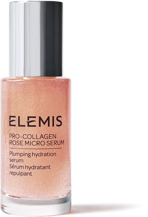 Eine kleine Flasche Elemis Pro-Collagen Rose Micro Serum mit silberner Kappe und rosa Flüssigkeit.