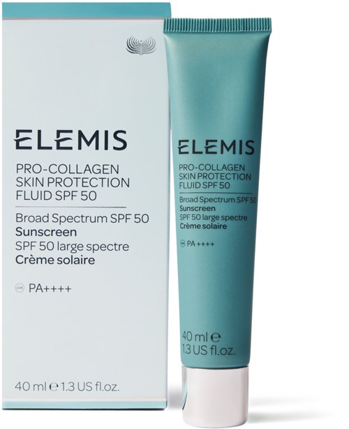 Putki ja laatikko Elemis Pro-Collagen Skin Protection Fluid SPF 50 -aurinkovoiteelle, 40 ml koko, laajakirjoinen suoja.