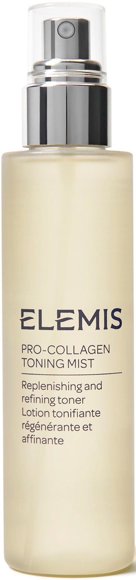 Elemis Pro-Collagen Toning Mist -pulloa, uudelleen täytettävä kasvovetelpuhdistusaine ihon kiristämiseen ja virkistämiseen.