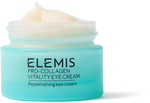 Ein blauer Behälter mit Elemis Pro-Collagen Vitality Eye Cream, mit Creme oben.
