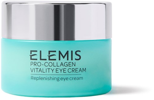 Eine hellblaue Dose mit Augencreme und silberner Abdeckung, beschriftet ELEMIS Pro-Collagen Vitality Eye Cream.