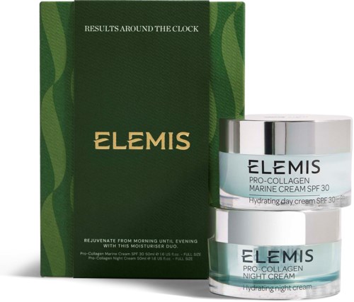 Green box with gold text and two light blue cream jars with silver lids.
