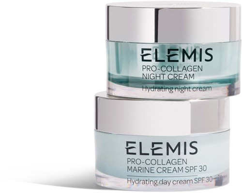 Two jars of Elemis skincare products stacked, one for night and one for day, with light blue and white packaging.