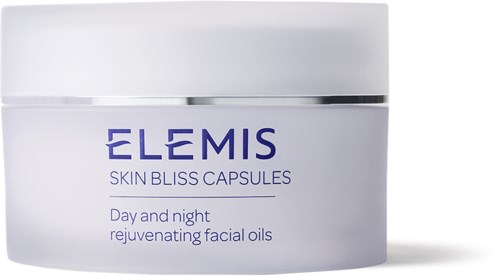 Ein weißer Behälter mit Elumis Skin Bliss Capsules für Tag- und Nachtpflege.