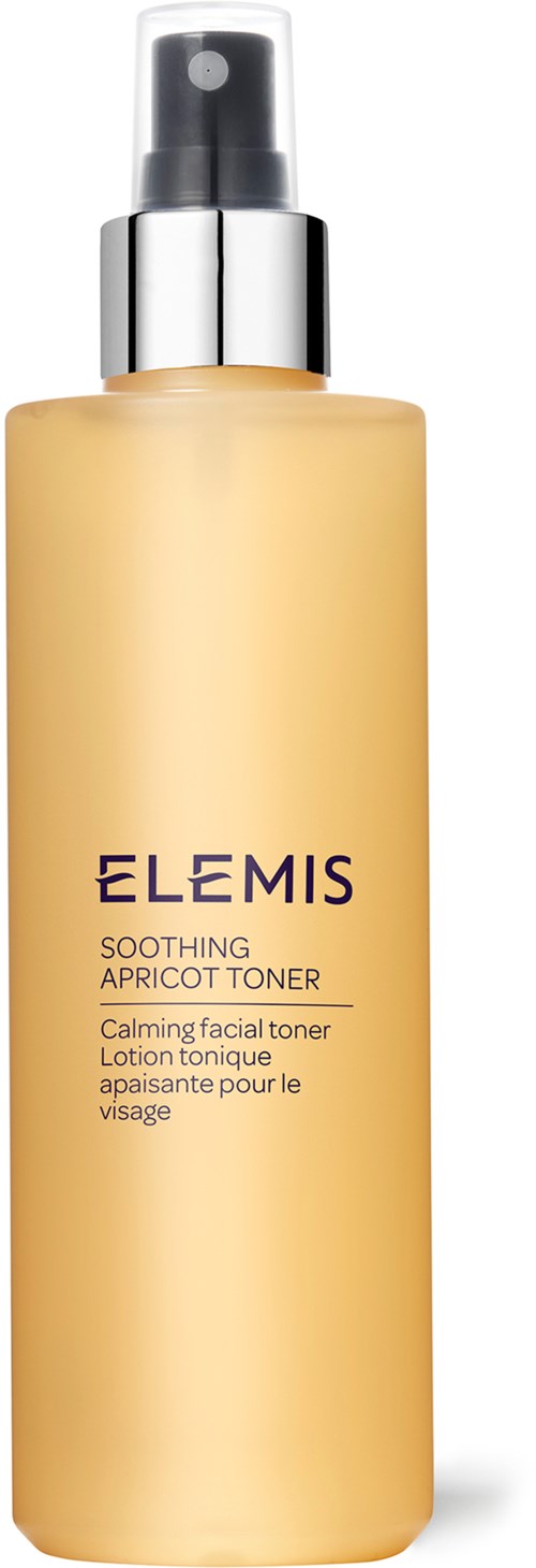 A tall, light yellow bottle with a silver and black spray cap, labeled 'Elemis Soothing Apricot Toner.'