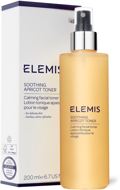 A bottle of Elemis Soothing Apricot Toner with a box behind it. The bottle is light orange with a spray top.