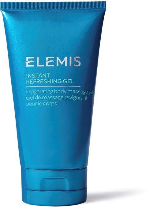 Eine blaue Tube mit Elemis Instant Refreshing Gel für anregende Ganzkörpermassage. Text auf der Tube ist sichtbar.