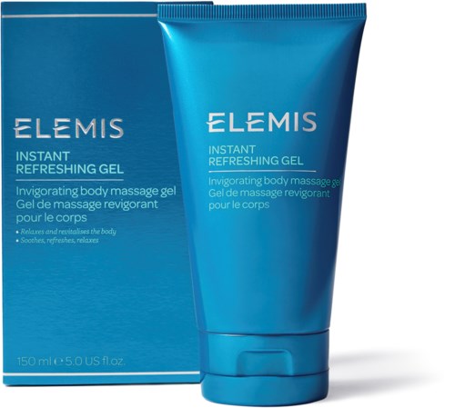 Eine blaue Tube und eine Box des Elemis Instant Refreshing Gel für Massage und Entspannung.