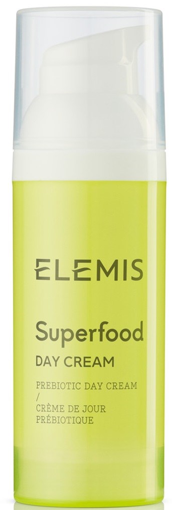 Eine Flasche Elemis Superfood Tagescreme, hellgrüne Farbe mit weißem Pumpkopf. Für tägliche Hautpflege.