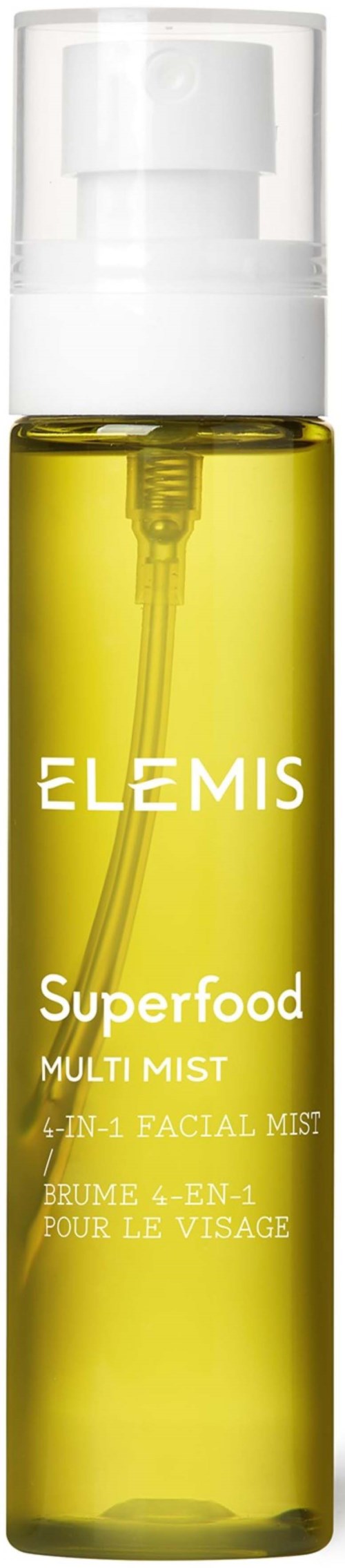A yellow facial mist bottle labeled 'ELLEMS Superfood Multi Mist' with a spray top.