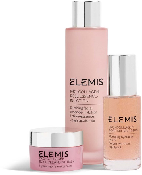 Three pink skincare products from Elemis: a cleansing balm, a rose essence lotion, and a micro serum.