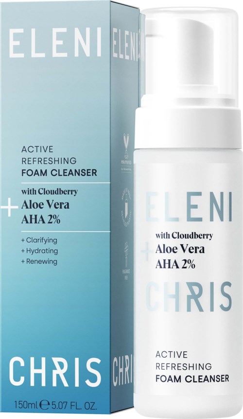A skincare foam cleanser with blue and white packaging, containing aloe vera and AHA 2%, by ELENI.
