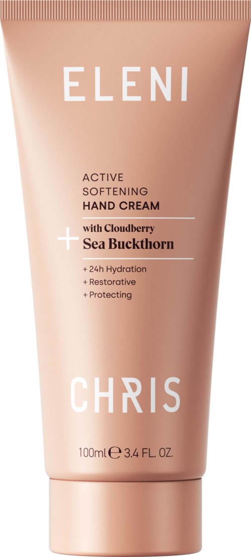 A beige tube of hand cream with white text, featuring the brand Eleni, and claims of hydration and protection.