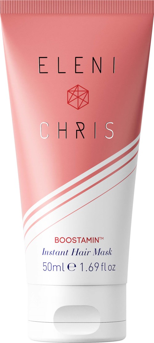 Rosa och vit tub med hårmask med varumärkena ELENI och CHRIS samt produktnamnet BOOSTAMIN. 50 ml storlek.