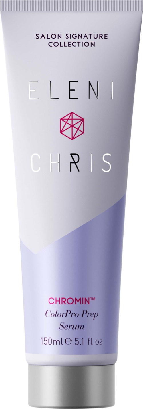 A tube of hair serum from ELENI CHRIS, part of the Salon Signature Collection, with purple and white design.
