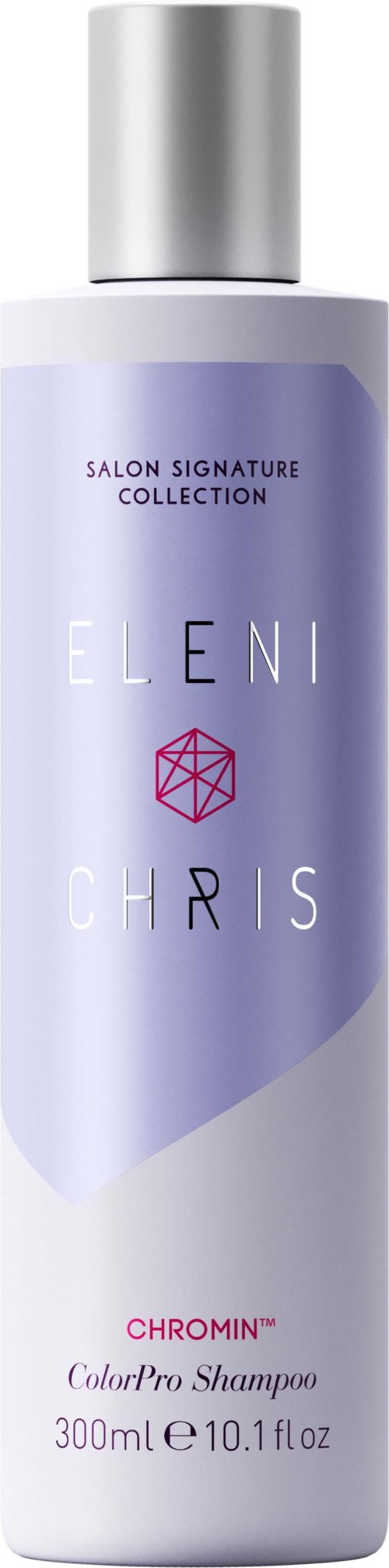 Eine lange, weiße Flasche mit lila und rosa Details, gekennzeichnet als CHROMIN ColorPro Shampoo, 300ml.