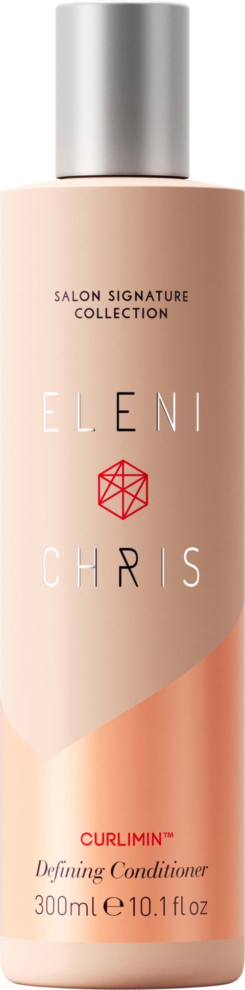Eine rosa und beige Flasche mit einem silbernen Deckel, gekennzeichnet als Haarkonditioner von ELENI CHRIS. Es ist aus der Curlimin-Kollektion.