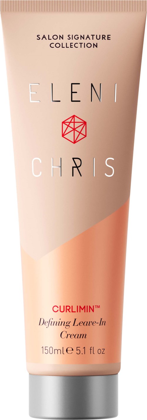 Eine Tube mit Lockencreme aus der Eleni und Chris Salon Signature Collection mit Text und einem geometrischen Logo.