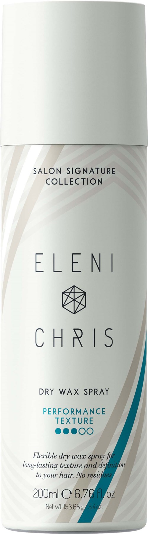 Eine weiße Sprühflasche mit silberner Kappe, beschriftet als Eleni Chris Trockenwachs-Spray für Haarstyling.