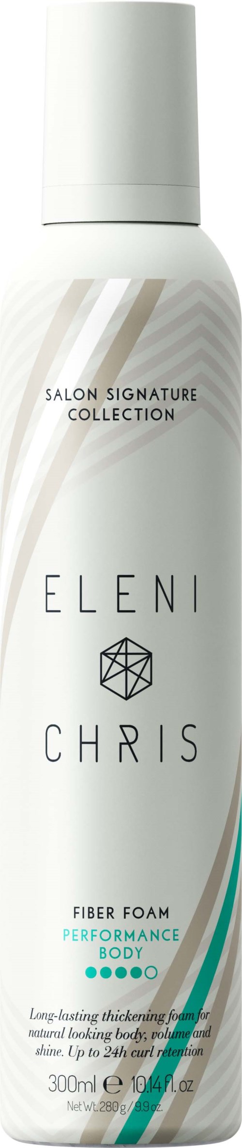A white bottle with a pump, labeled 'Eleni and Chris Fiber Foam.' It is a body foam for performance and long-lasting freshness.