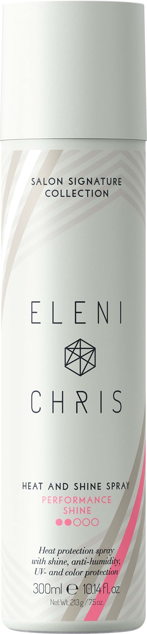 A white spray bottle with pink and black text for hair heat protection and shine.