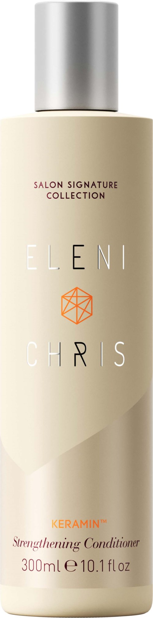 Eine lange beige Flasche mit silberner Kappe, beschriftet als Eleni Chris Keramin Brightening Conditioner, 300ml.