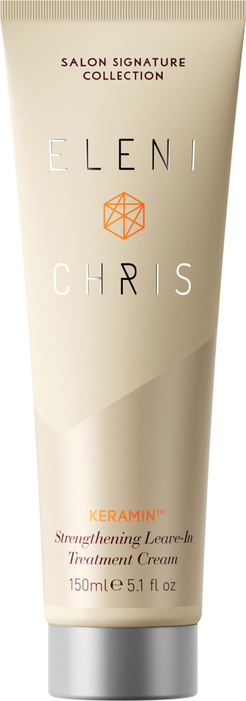 Beige Tube mit Eleni und Chris Keramin Keramin Leave-in-Behandlung Creme mit silberner Kappe.