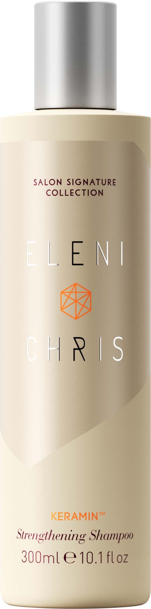 Eine lange, beige Shampoo-Flasche mit silberner Kappe, beschriftet Eleni Chris Keramin stärkendes Shampoo, 300 ml.