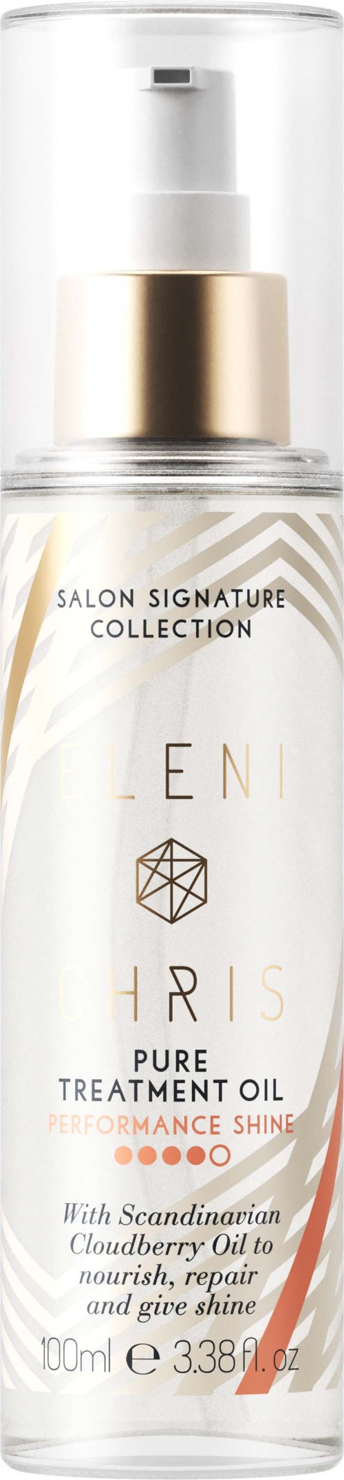 A clear bottle with a pump, labeled as pure treatment oil with Scandinavian cloudberry oil inside.