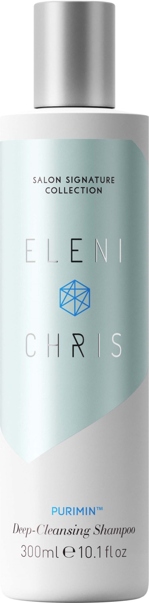 Eine weiße Shampoo-Flasche mit silberner Kappe, beschriftet als Tiefenreinigendes Shampoo, 300 ml, von Eleni Chris Salon Collection.