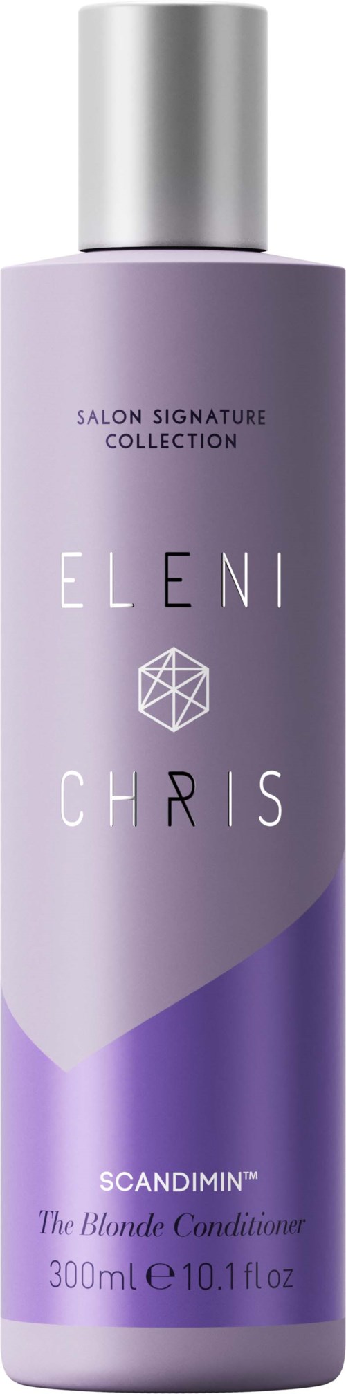A purple bottle with a silver cap, displaying brand and product details, including "Eleni Chris" and "Scandimin."